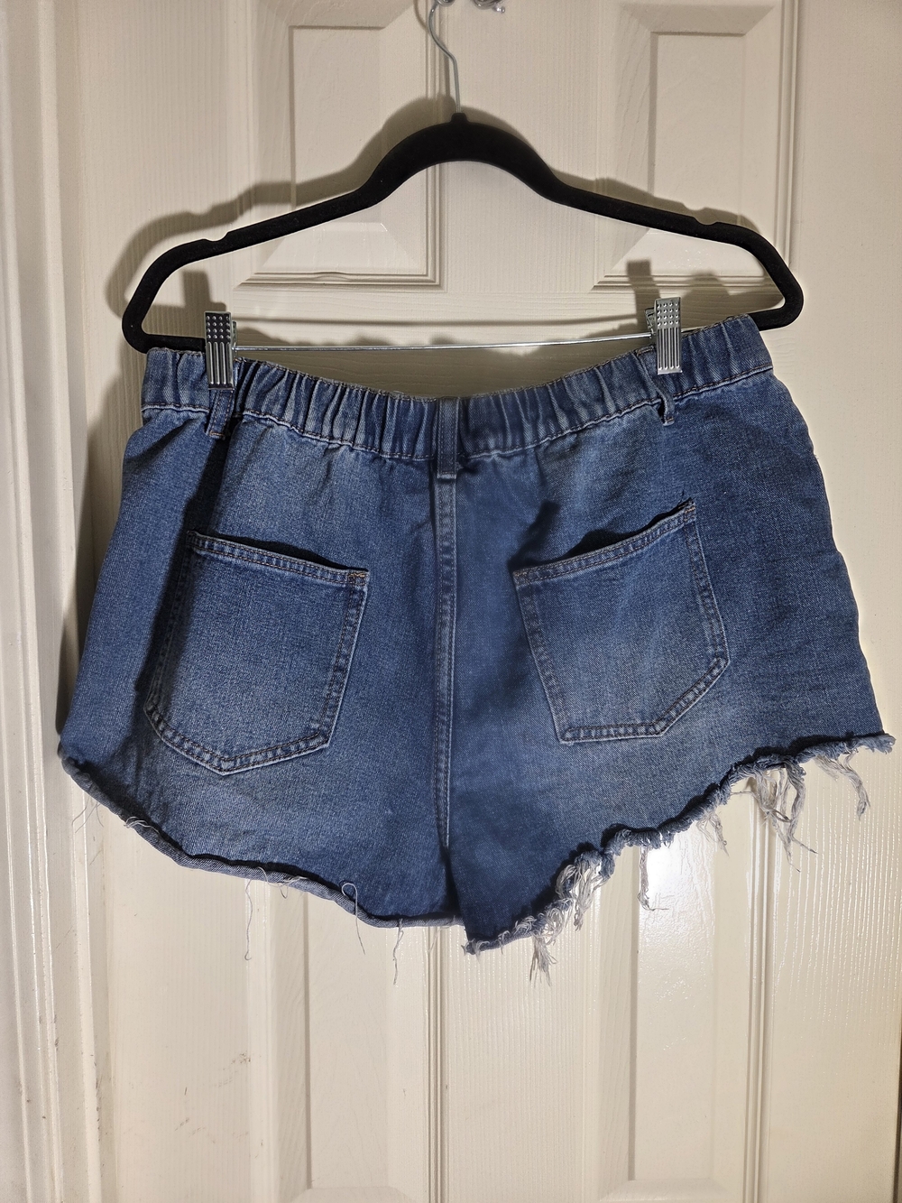 SHEIN Blue Distressed High-Waist Button-Front Denim Shorts - Picture 3 of 5
